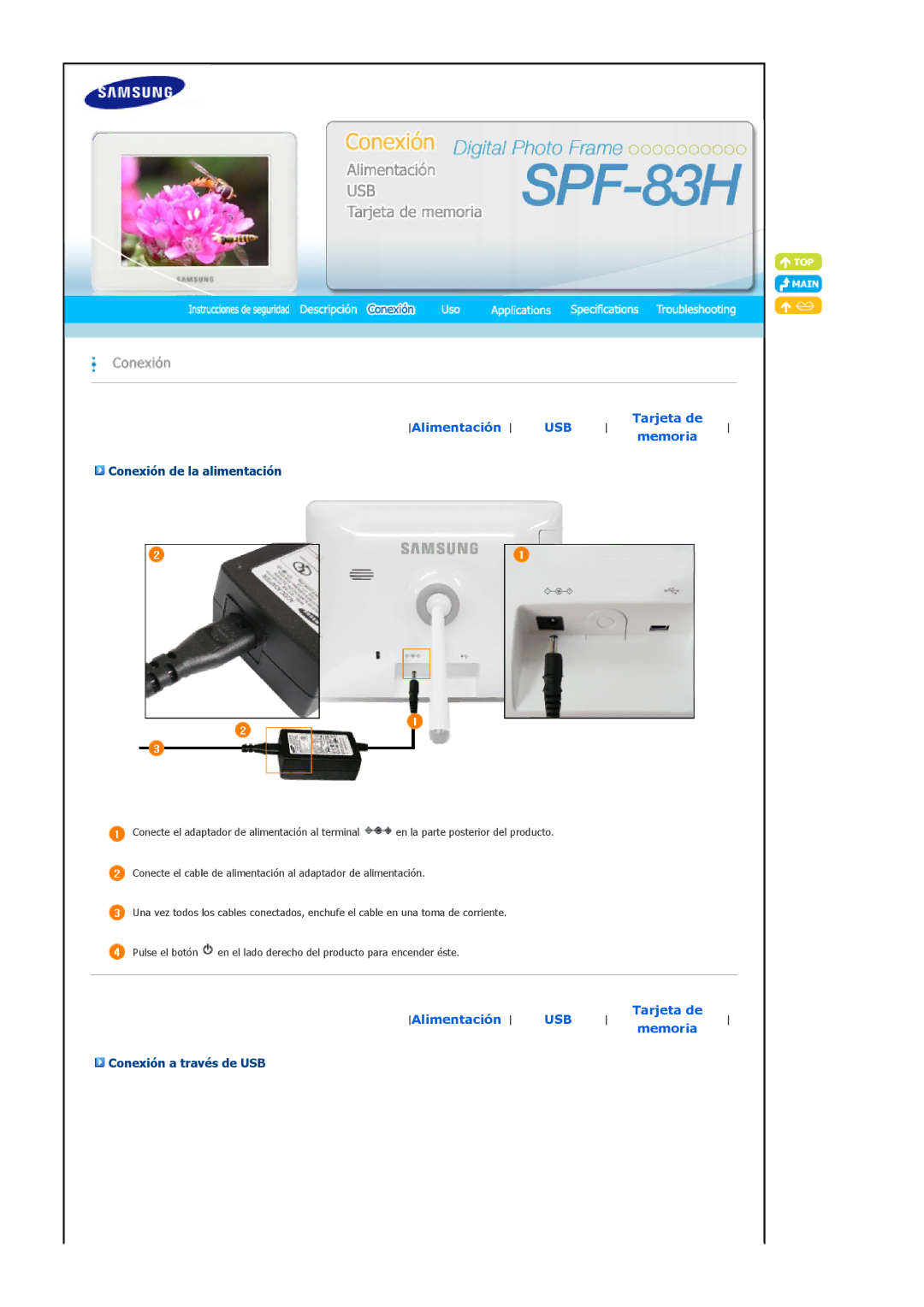 Samsung Model SPF-83H manual Conexión de la alimentación, Conexión a través de USB 