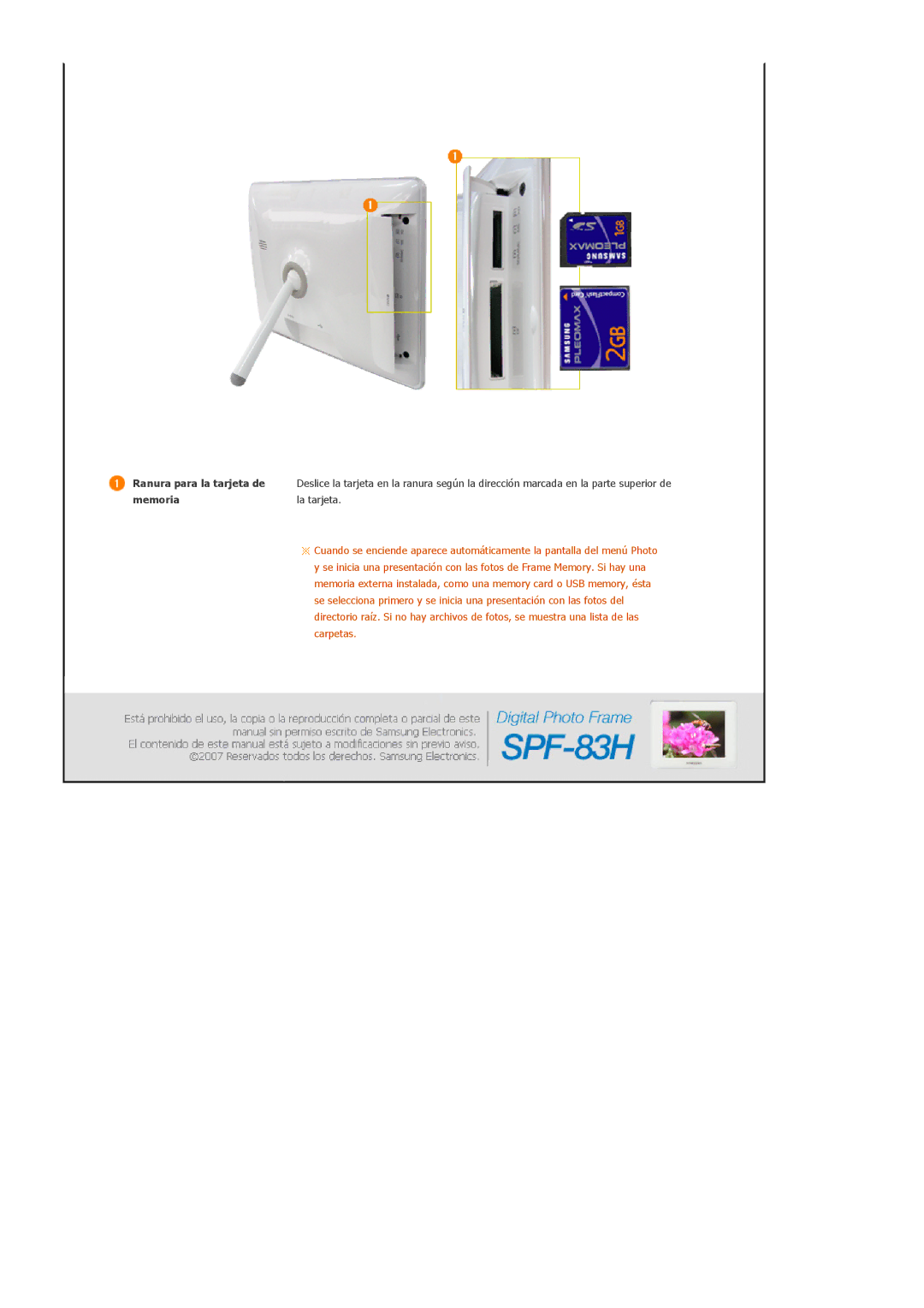 Samsung Model SPF-83H manual Ranura para la tarjeta de, Memoria 