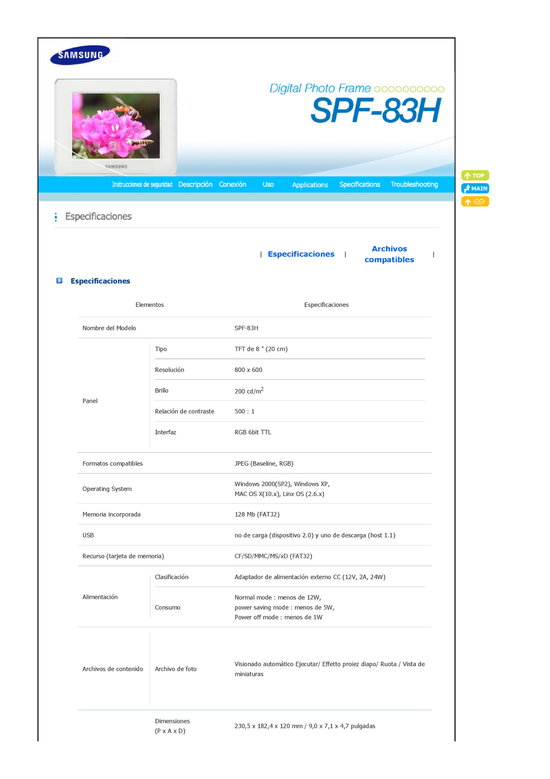 Samsung Model SPF-83H manual Especificaciones Archivos Compatibles 