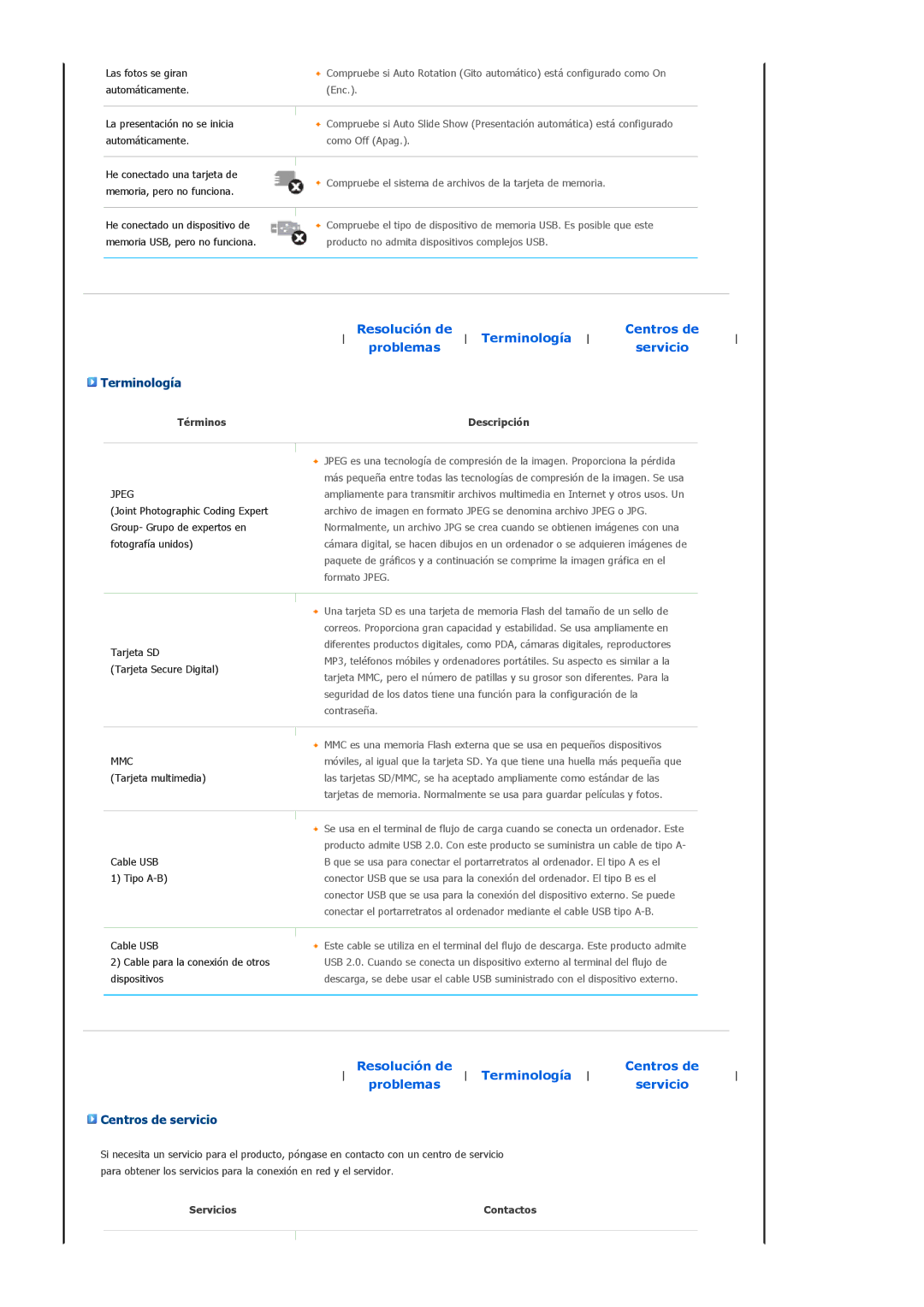 Samsung Model SPF-83H manual Terminología, Centros de servicio, Términos, Servicios 