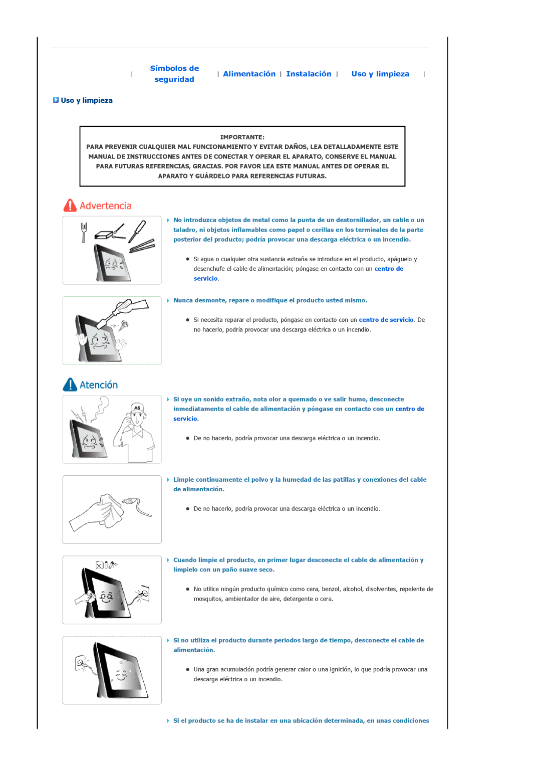 Samsung Model SPF-83H manual Uso y limpieza, Importante 