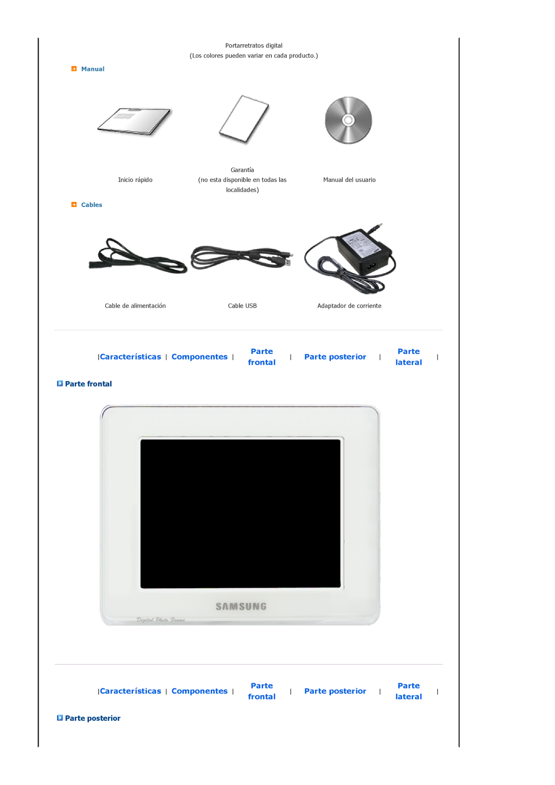 Samsung Model SPF-83H manual Parte frontal, Parte posterior 