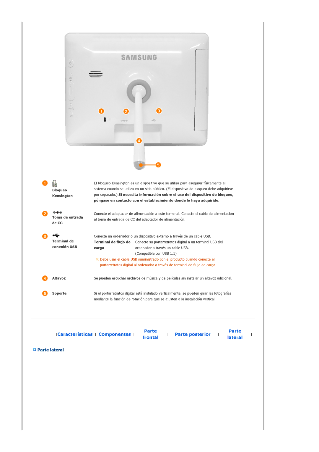 Samsung Model SPF-83H manual Parte lateral, Bloqueo Kensington Toma de entrada de CC, Altavoz, Soporte 