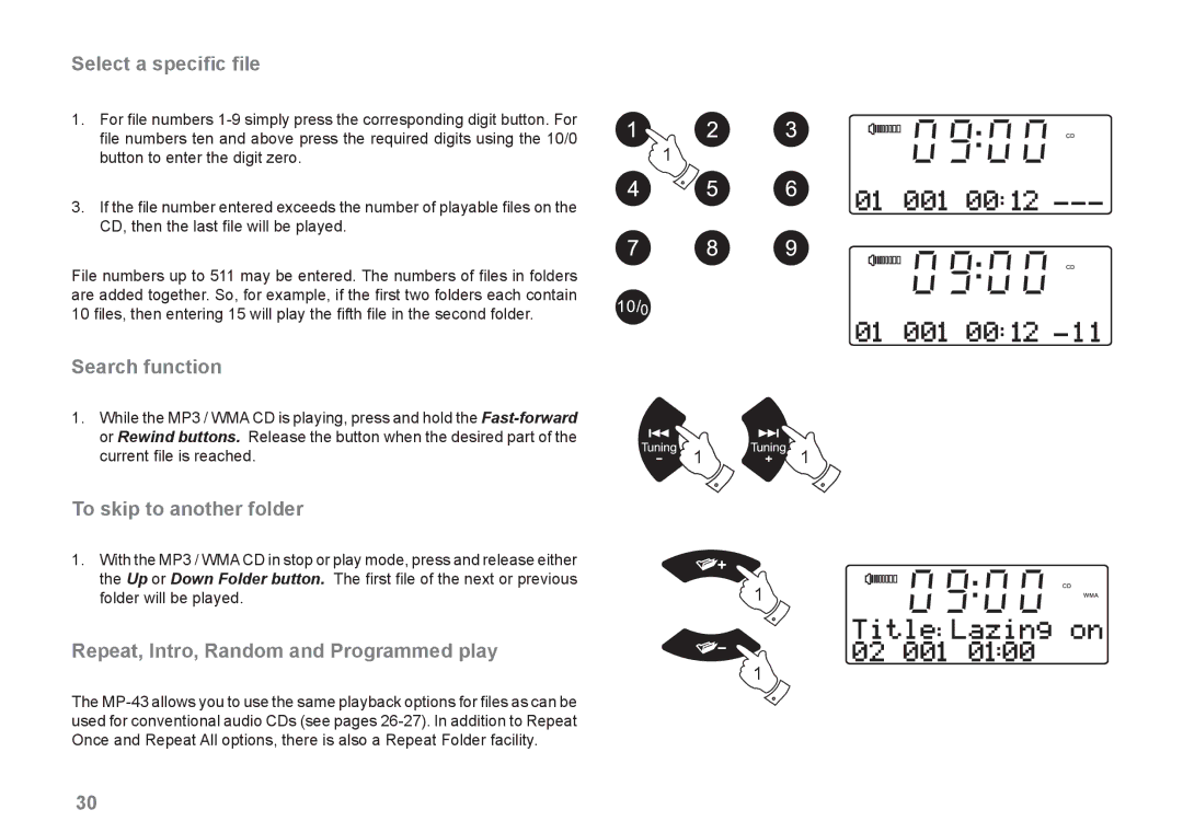 Samsung MP-43 manual Select a speciﬁc ﬁle, To skip to another folder, Repeat, Intro, Random and Programmed play 