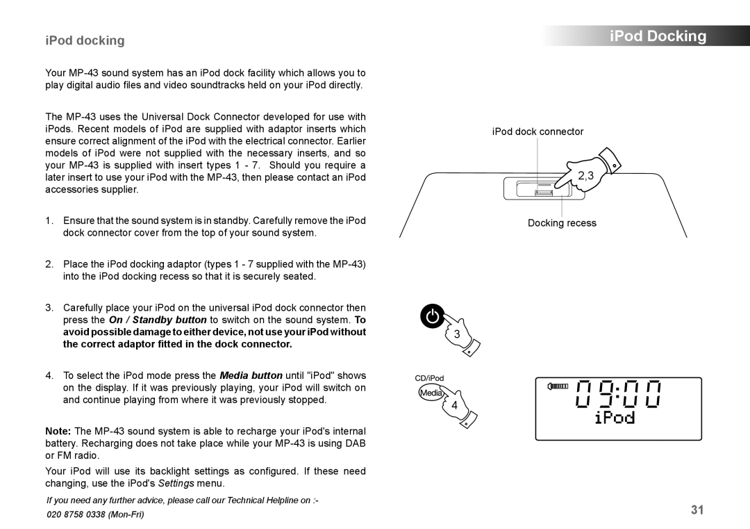 Samsung MP-43 manual IPod docking, IPod dock connector Docking recess 