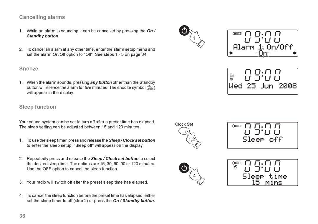 Samsung MP-43 manual Cancelling alarms, Snooze, Sleep function 