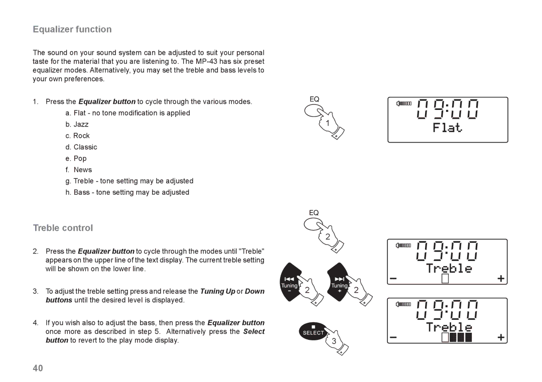 Samsung MP-43 manual Equalizer function, Treble control 