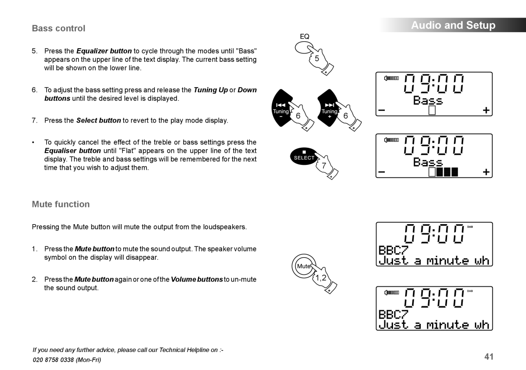 Samsung MP-43 manual Bass control, Mute function 