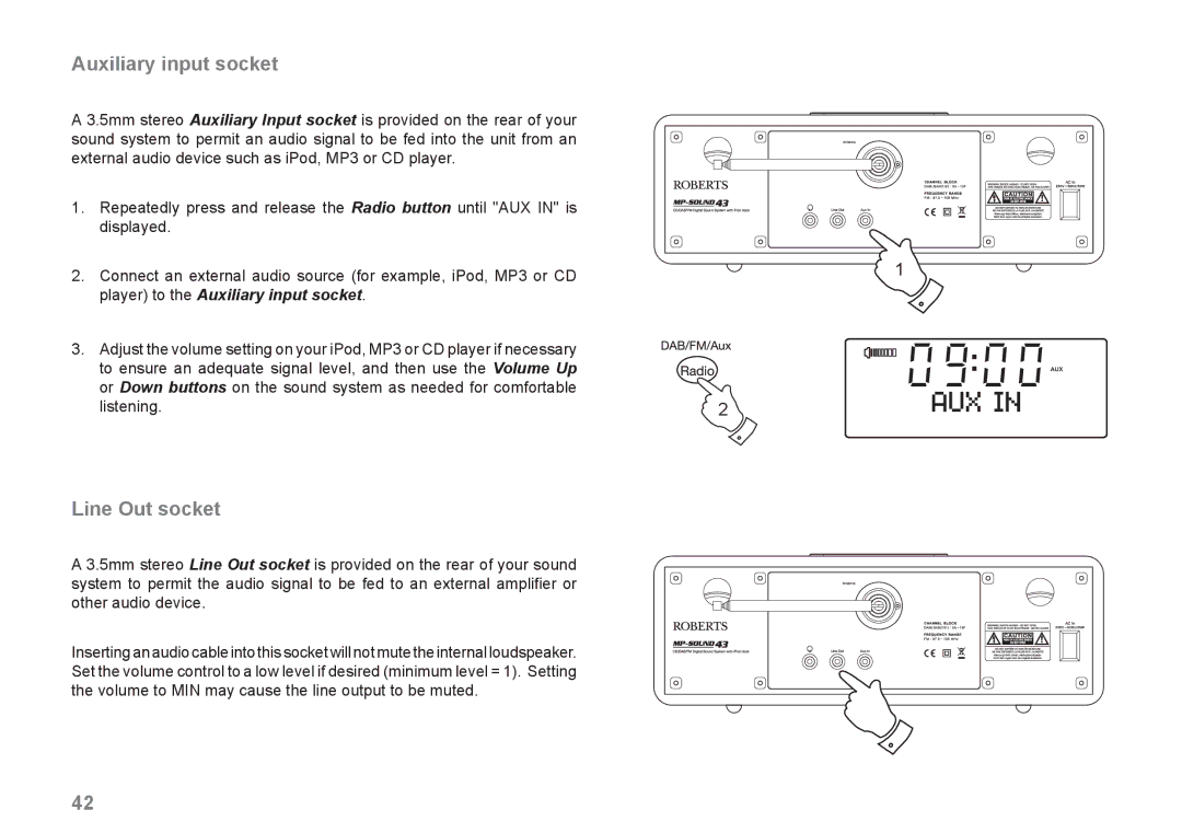 Samsung MP-43 manual Auxiliary input socket, Line Out socket 