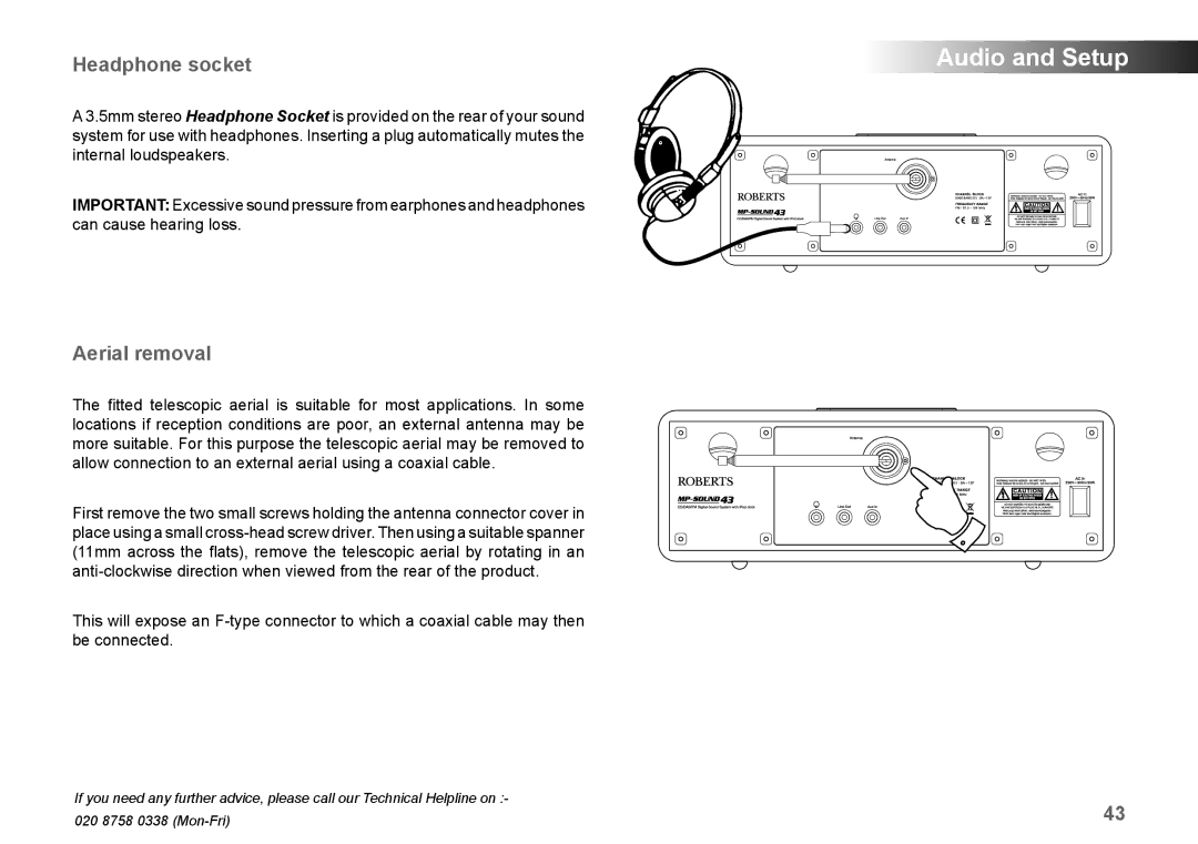 Samsung MP-43 manual Headphone socket, Aerial removal 