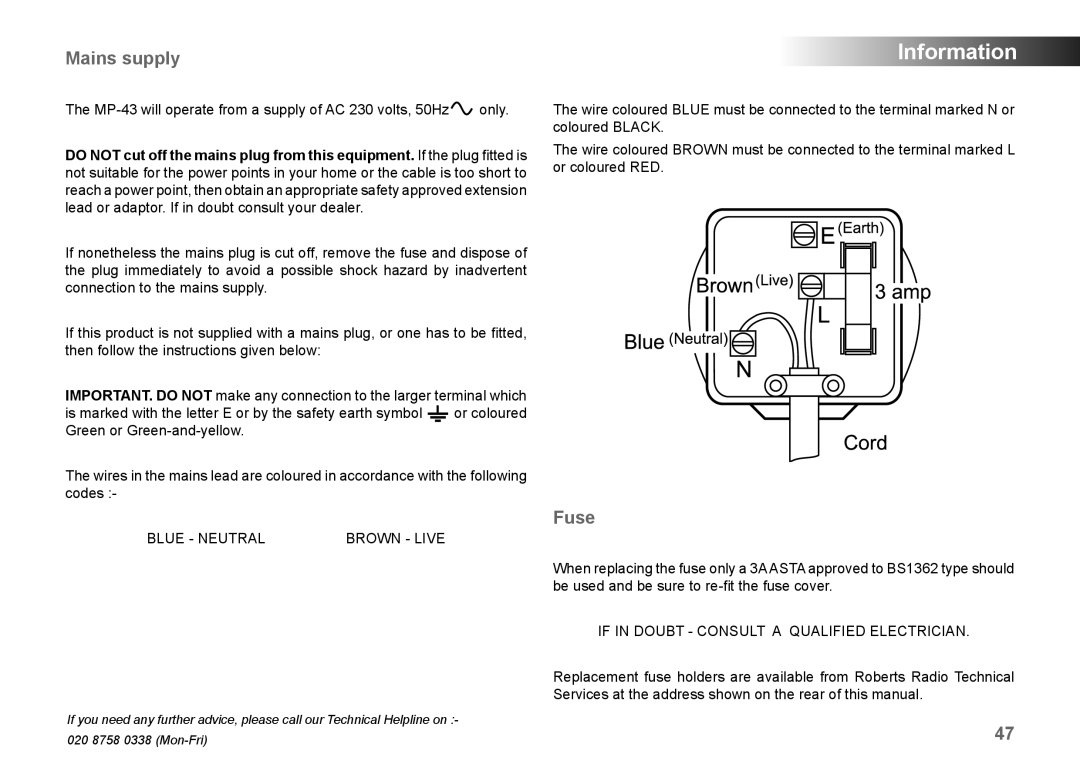 Samsung MP-43 manual Mains supply, Fuse 