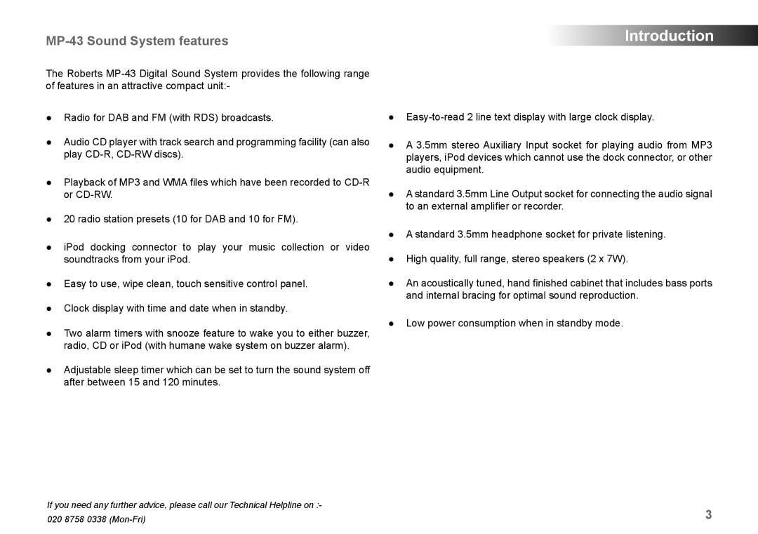 Samsung manual Introduction, MP-43 Sound System features 