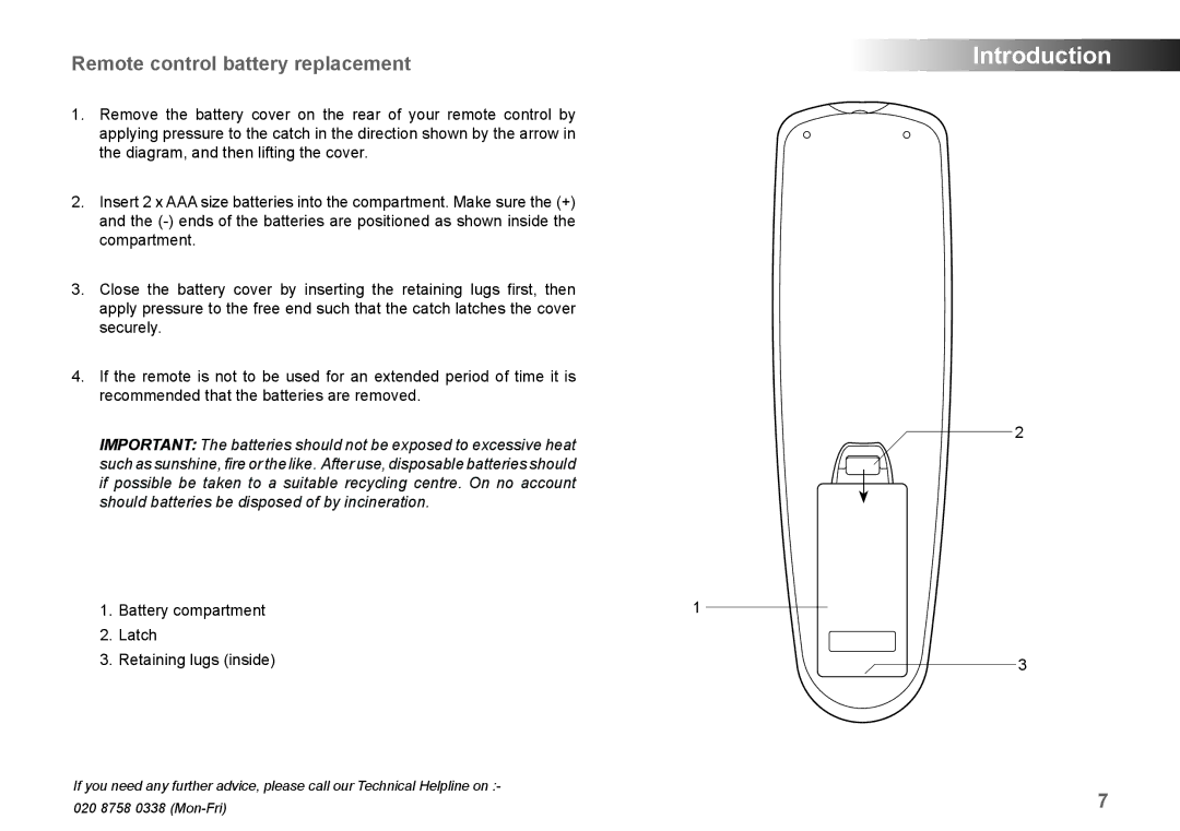 Samsung MP-43 manual Remote control battery replacement, Battery compartment Latch Retaining lugs inside 