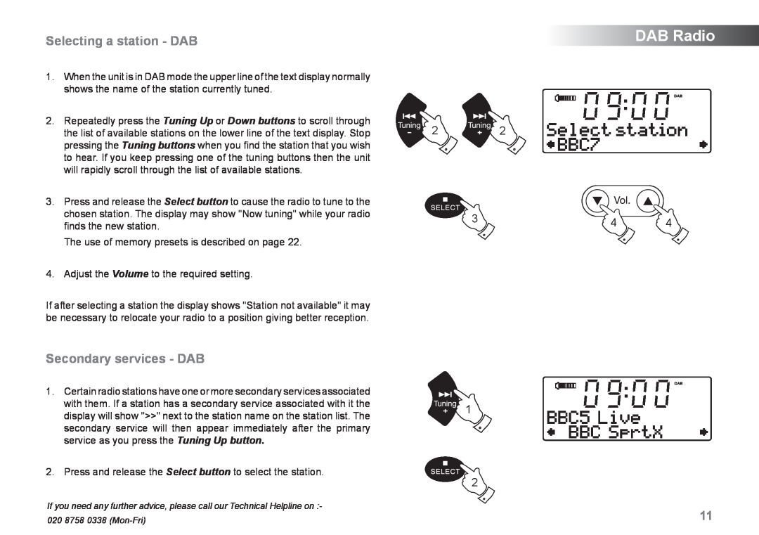 Samsung MP-43 manual DAB Radio, Selecting a station - DAB, Secondary services - DAB, 2 3 1 