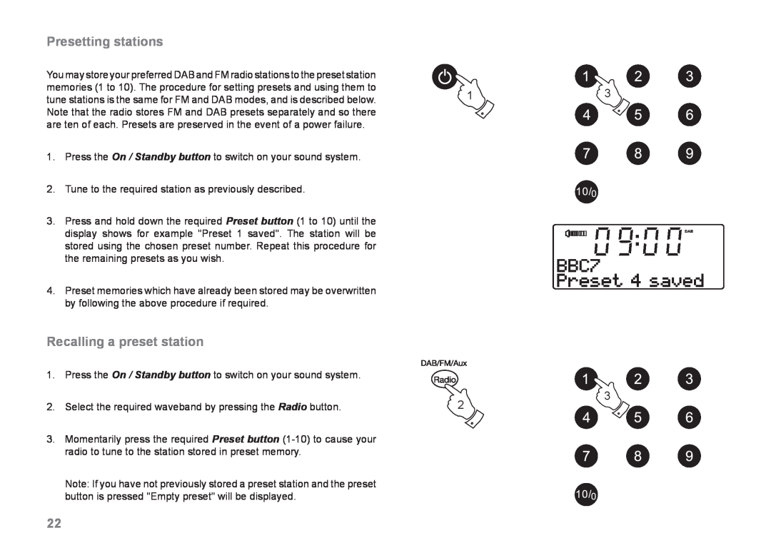 Samsung MP-43 manual Presetting stations, Recalling a preset station 