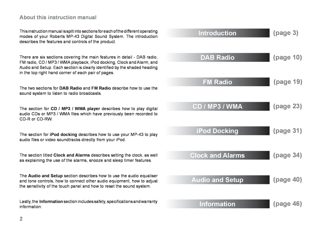 Samsung MP-43 Introduction DAB Radio FM Radio CD / MP3 / WMA, iPod Docking Clock and Alarms Audio and Setup, Information 