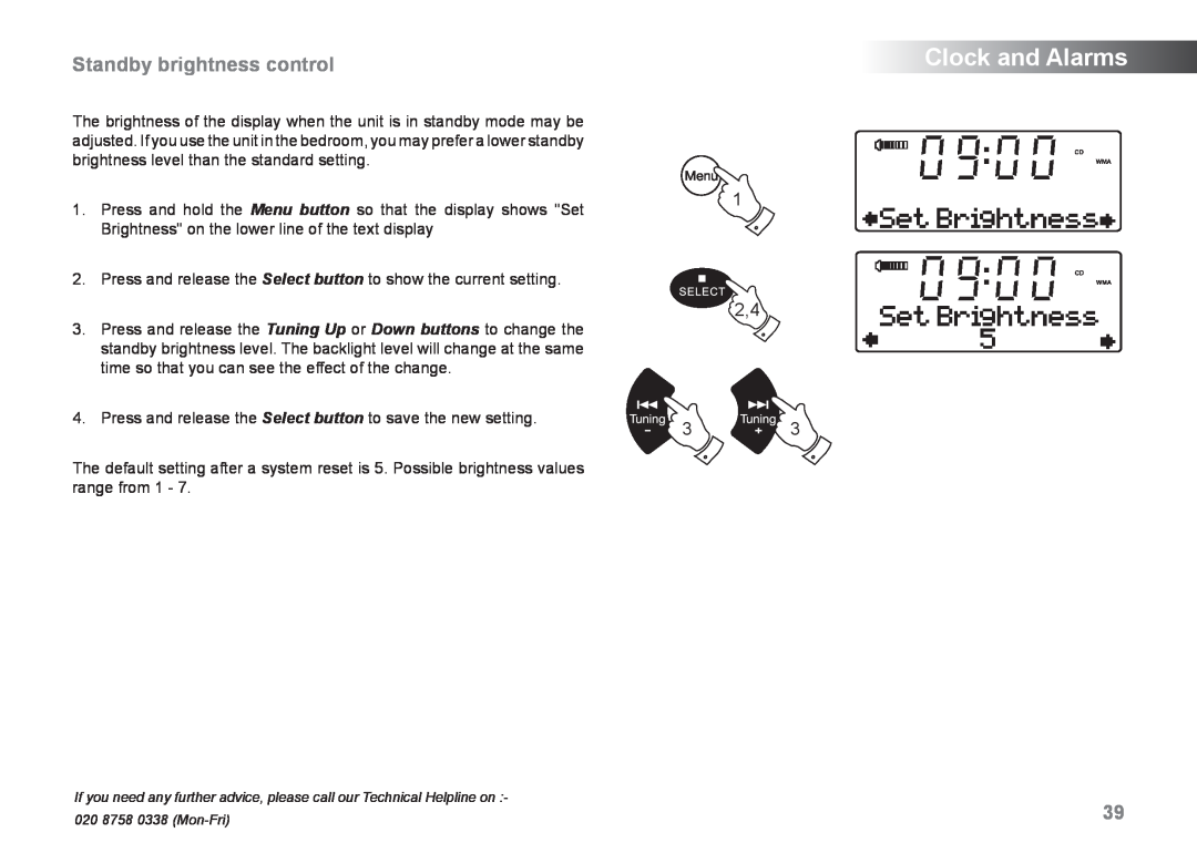 Samsung MP-43 manual Standby brightness control, 1 2,4, Clock and Alarms 