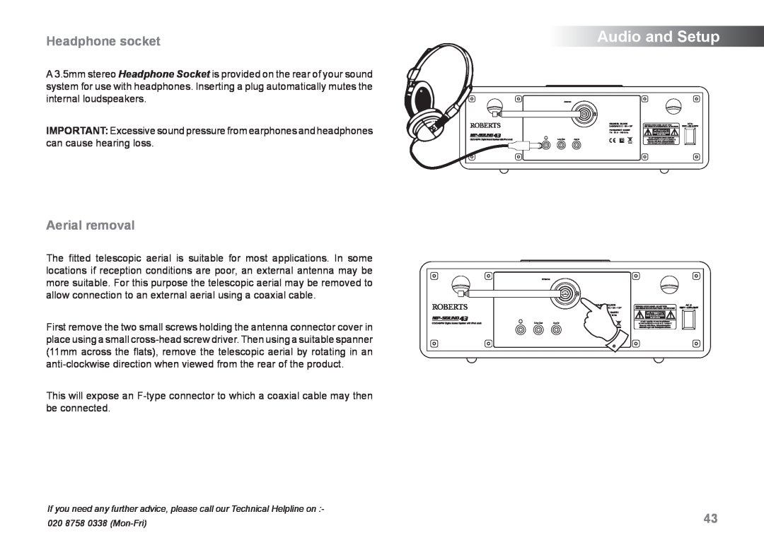 Samsung MP-43 manual Headphone socket, Aerial removal, Audio and Setup 