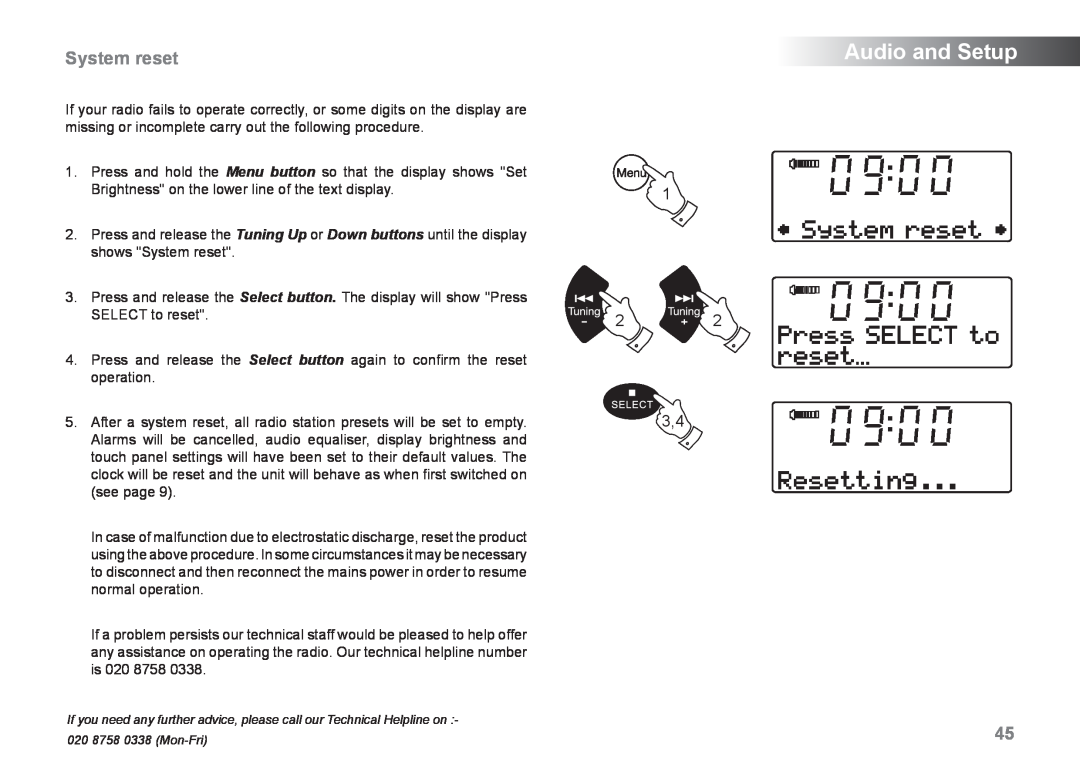 Samsung MP-43 manual System reset, 1 22 3,4, Audio and Setup 