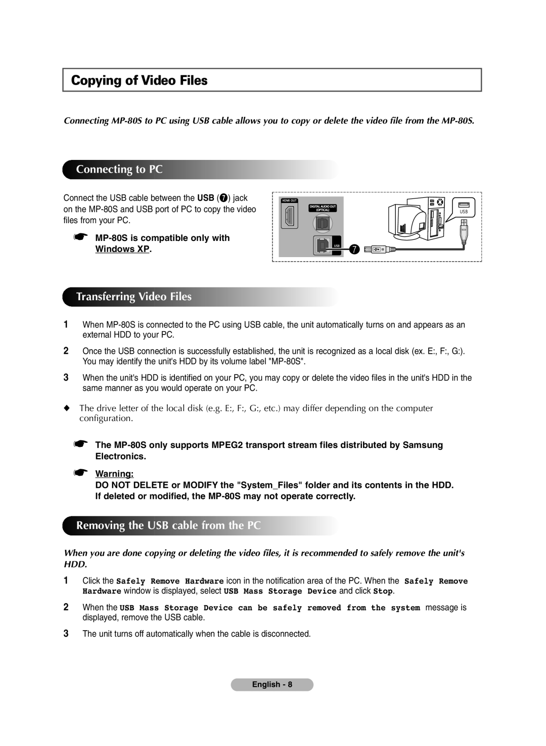 Samsung MP-80S Copying of Video Files, Connecting to PC, Transferring Video Files, Removing the USB cable from the PC 