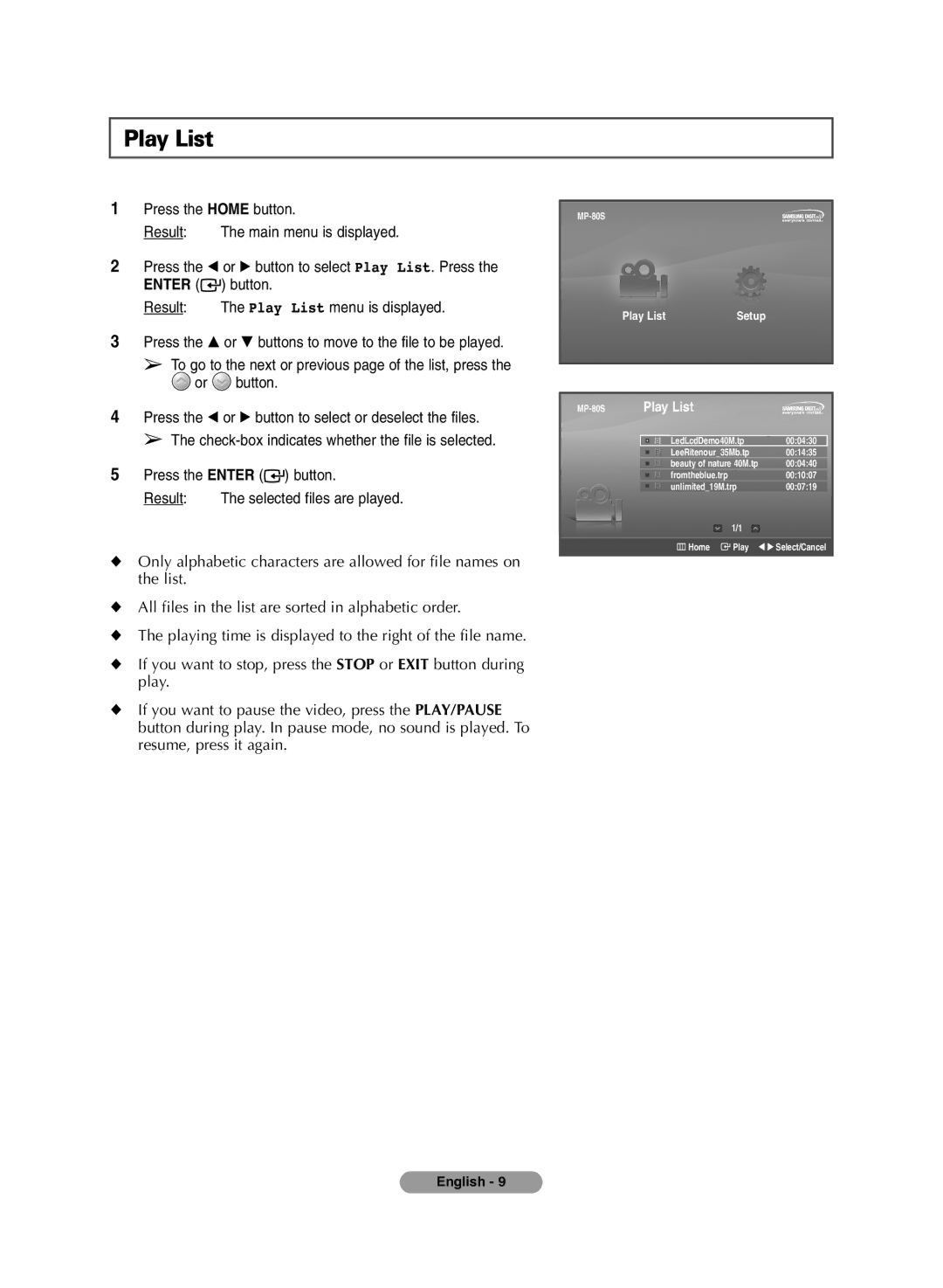 Samsung MP-80S manual Play List 