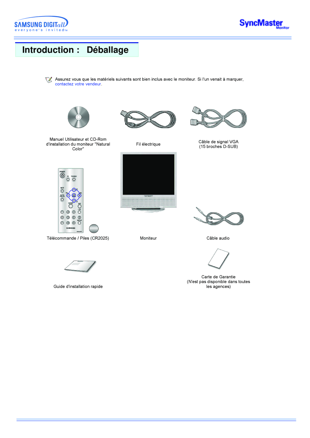 Samsung MP manual Introduction Déballage 