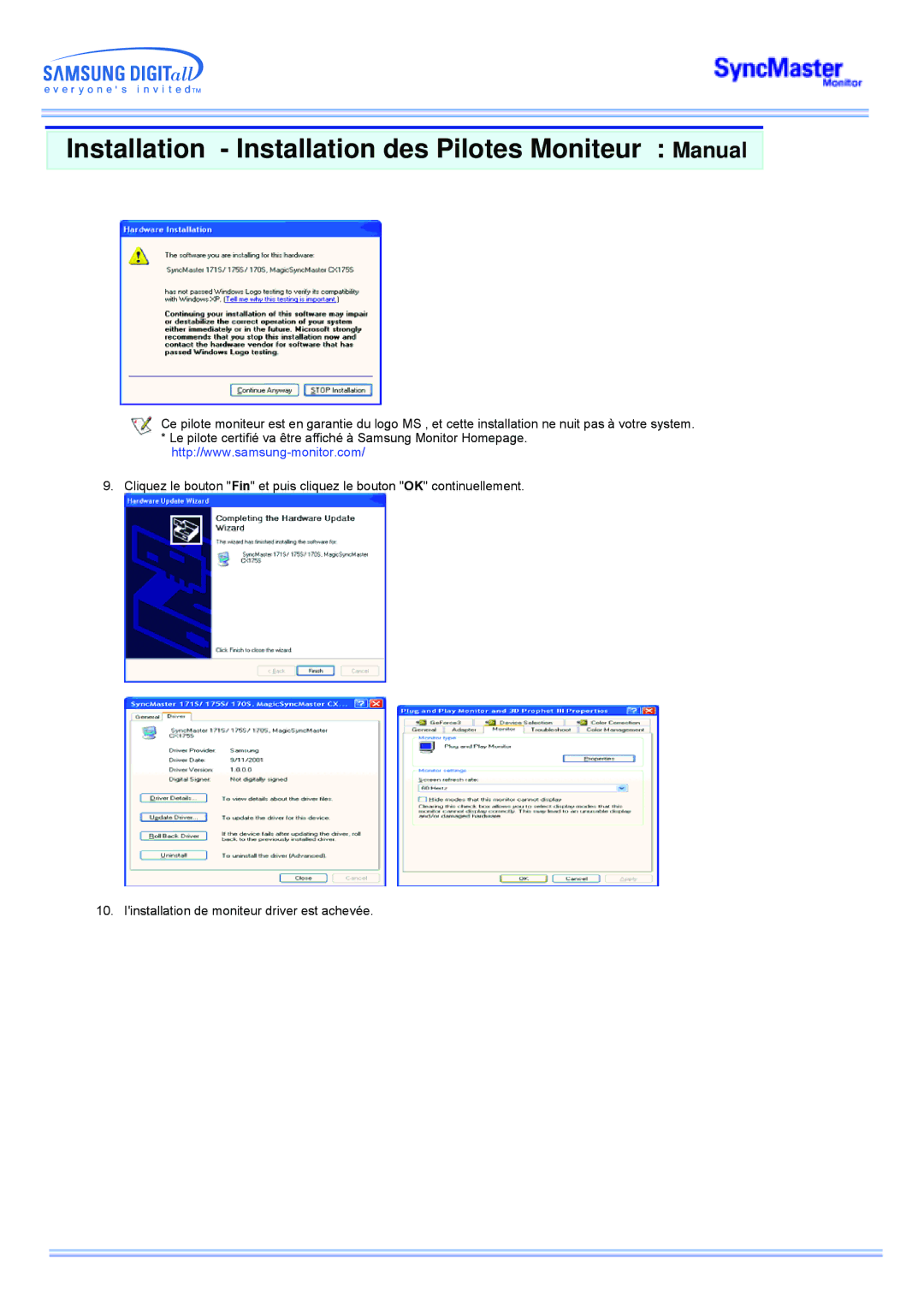 Samsung MP manual Installation Installation des Pilotes Moniteur Manual 