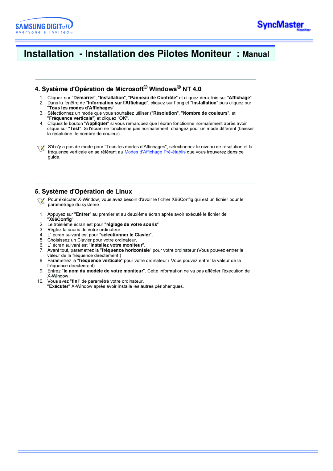 Samsung MP manual Système dOpération de Microsoft Windows NT, Système dOpération de Linux 