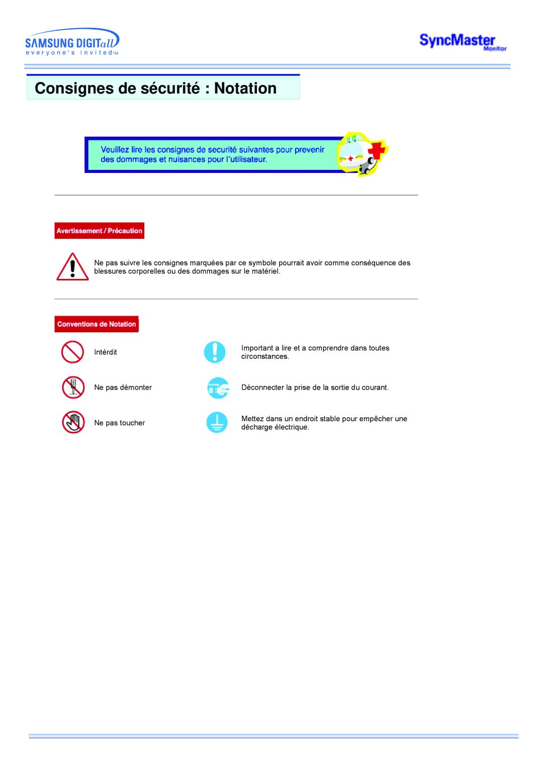 Samsung MP manual Consignes de sécurité Notation 