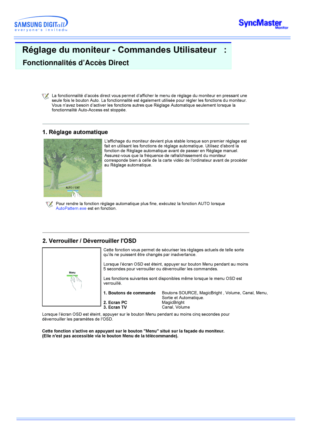 Samsung MP manual Fonctionnalités d’Accès Direct, Réglage automatique, Verrouiller / Déverrouiller lOSD 