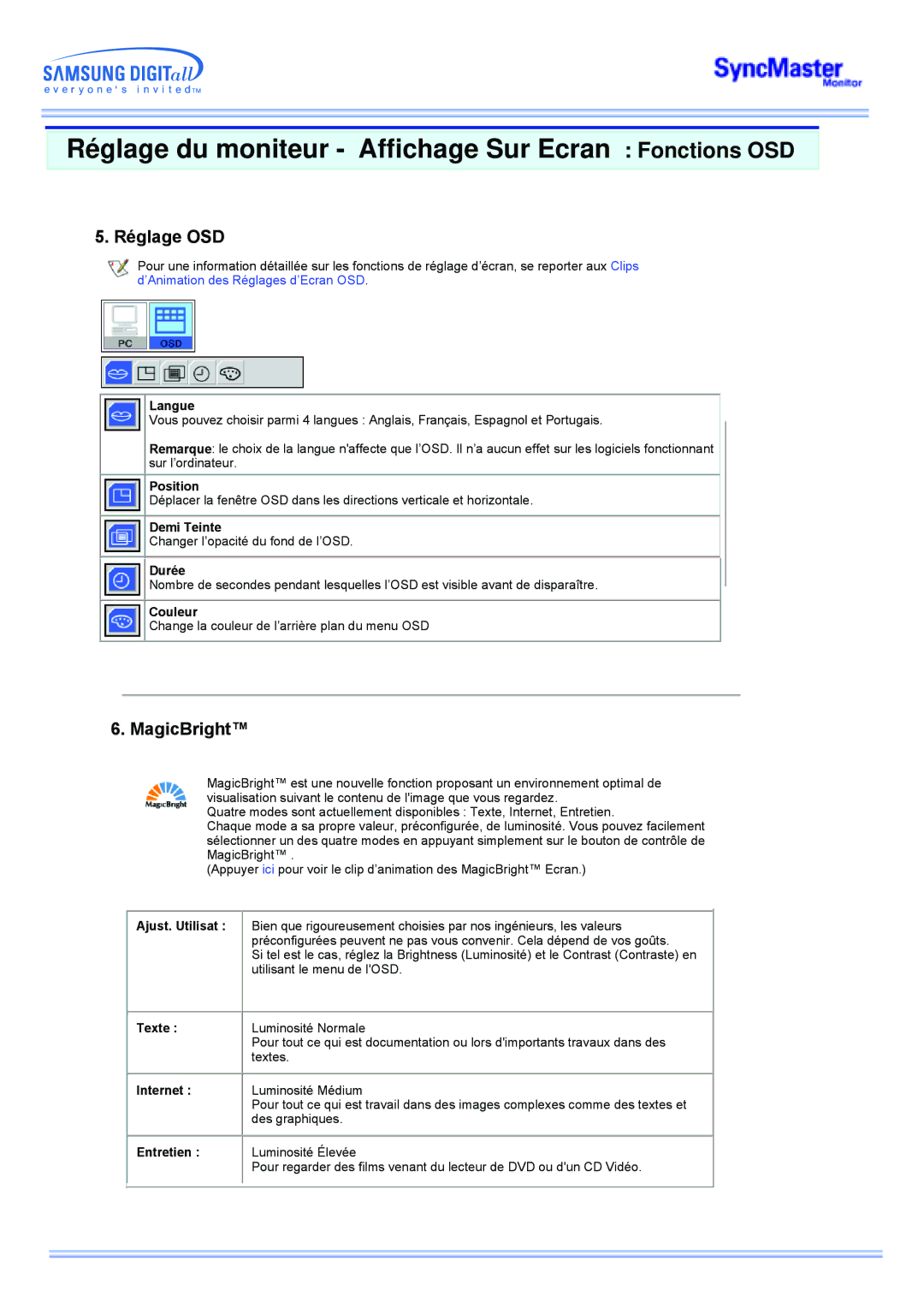 Samsung MP manual Réglage OSD, MagicBright 