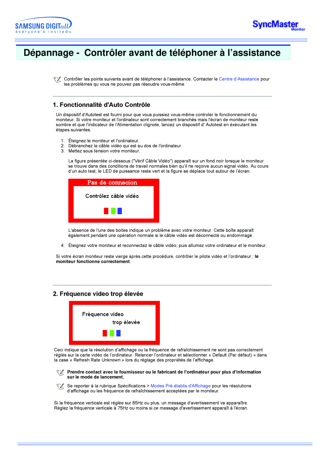 Samsung MP manual Dépannage Contrôler avant de téléphoner à l’assistance, Fonctionnalité dAuto Contrôle 