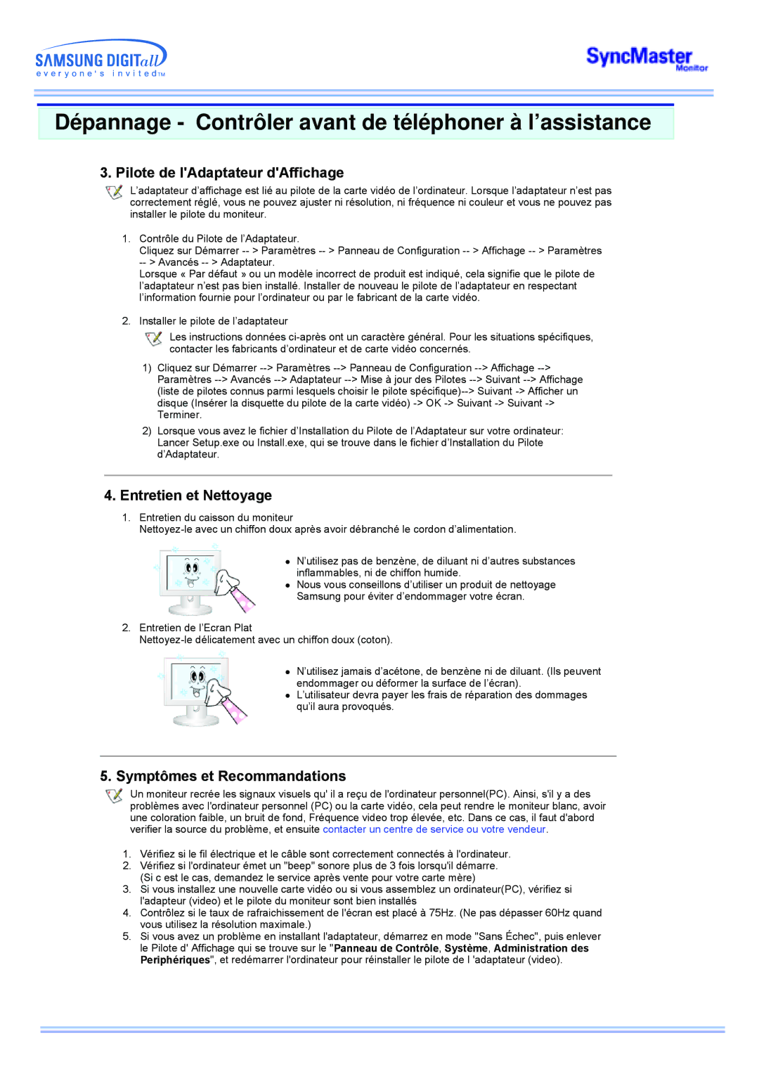 Samsung MP manual Pilote de lAdaptateur dAffichage, Entretien et Nettoyage, Symptômes et Recommandations 