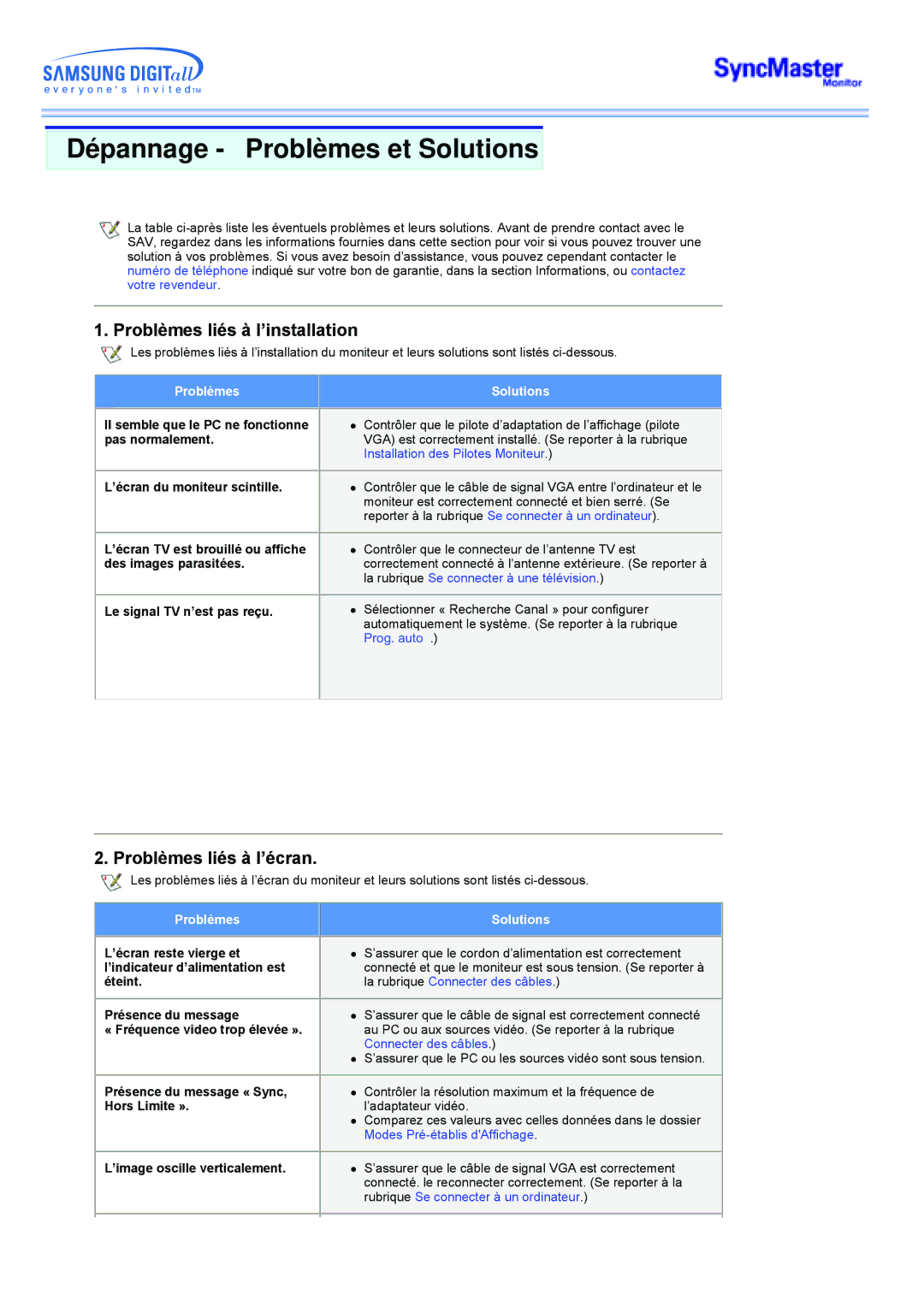 Samsung MP manual Dépannage Problèmes et Solutions, Problèmes liés à l’installation, Problèmes liés à l’écran 