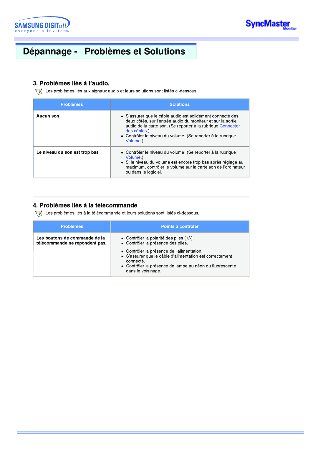 Samsung MP manual Problèmes liés à l’audio, Problèmes liés à la télécommande, Aucun son, Le niveau du son est trop bas 