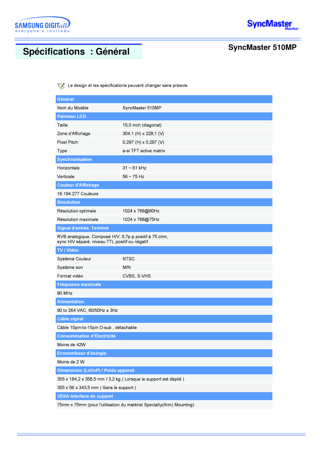 Samsung manual Spécifications Général, SyncMaster 510MP 