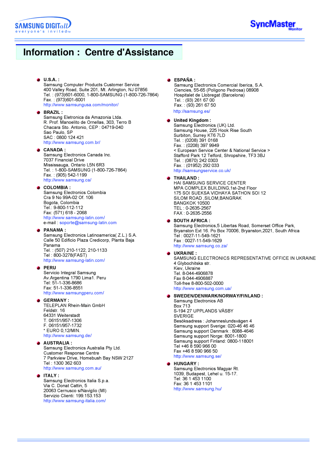 Samsung MP manual Information Centre dAssistance, United Kingdom 