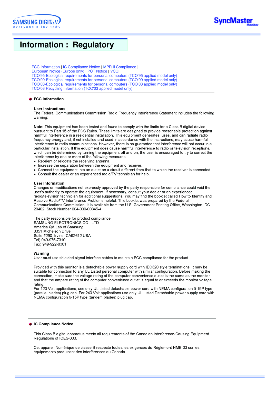 Samsung MP manual Information Regulatory, FCC Information User Instructions, User Information, IC Compliance Notice 