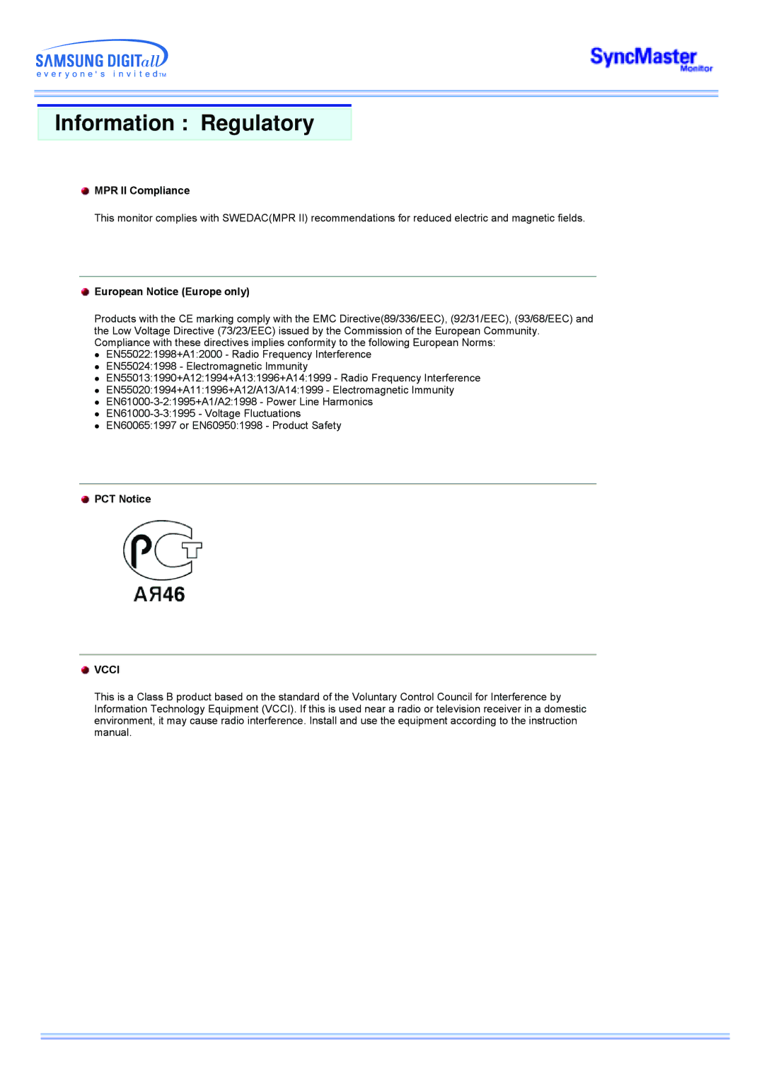 Samsung manual MPR II Compliance, European Notice Europe only, PCT Notice 