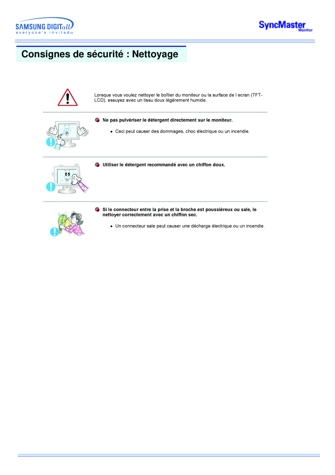 Samsung MP manual Consignes de sécurité Nettoyage, Ne pas pulvériser le détergent directement sur le moniteur 