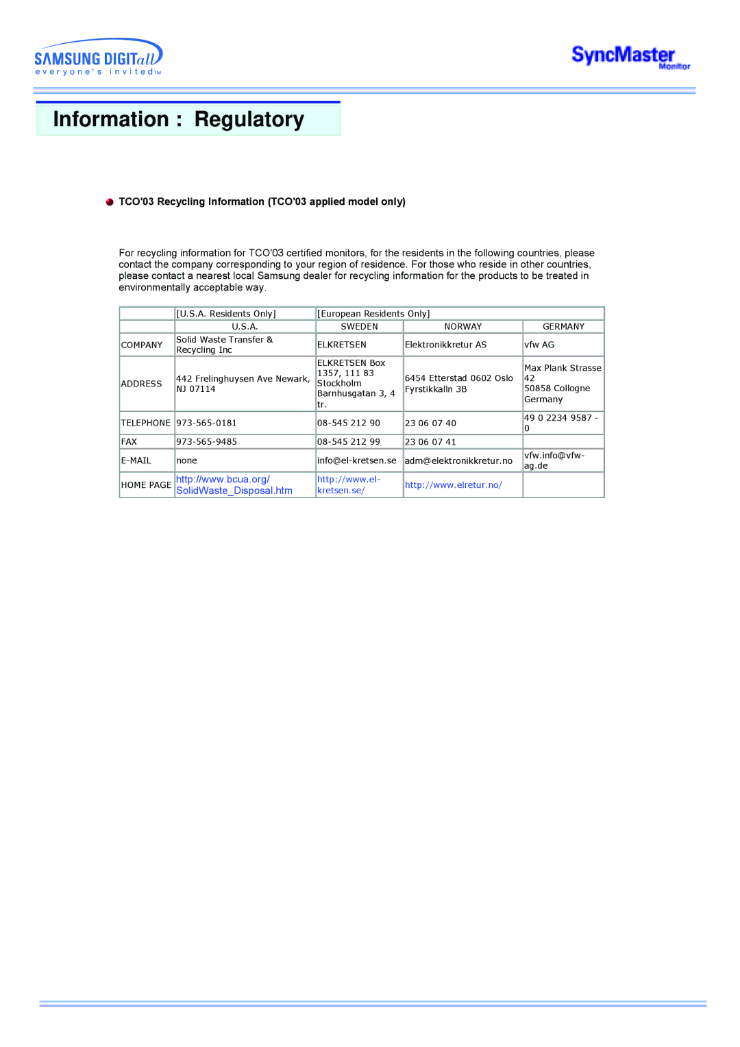 Samsung MP manual TCO03 Recycling Information TCO03 applied model only, Elkretsen 