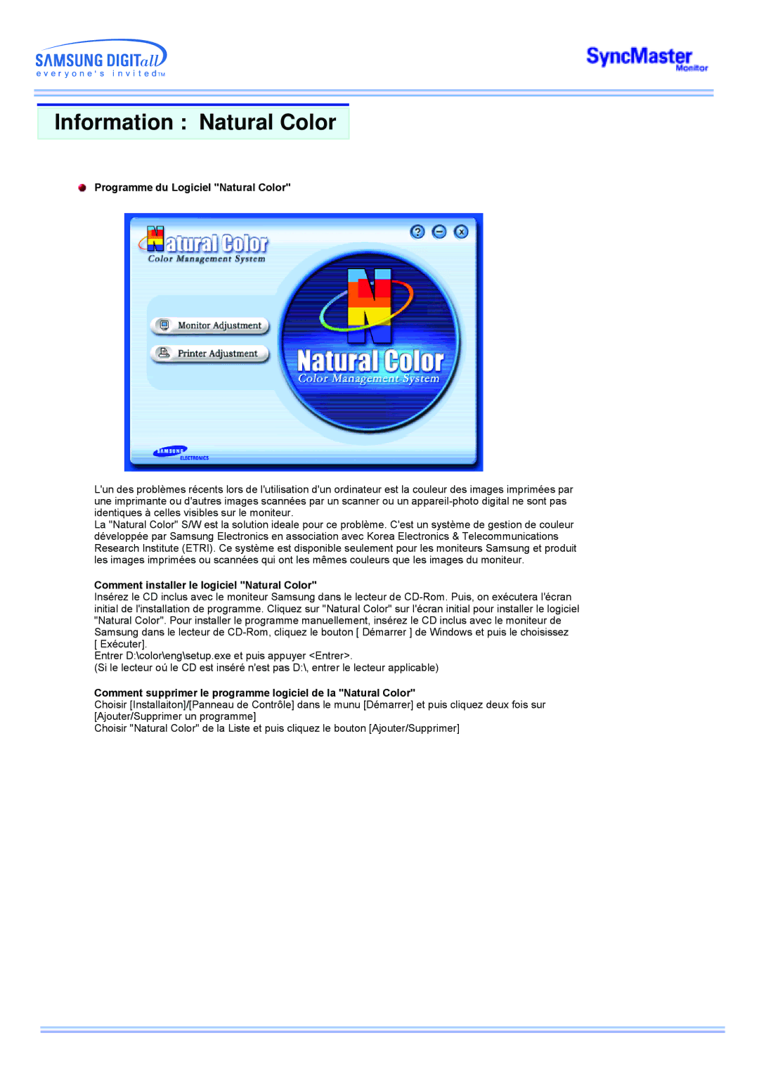 Samsung MP Information Natural Color, Programme du Logiciel Natural Color, Comment installer le logiciel Natural Color 