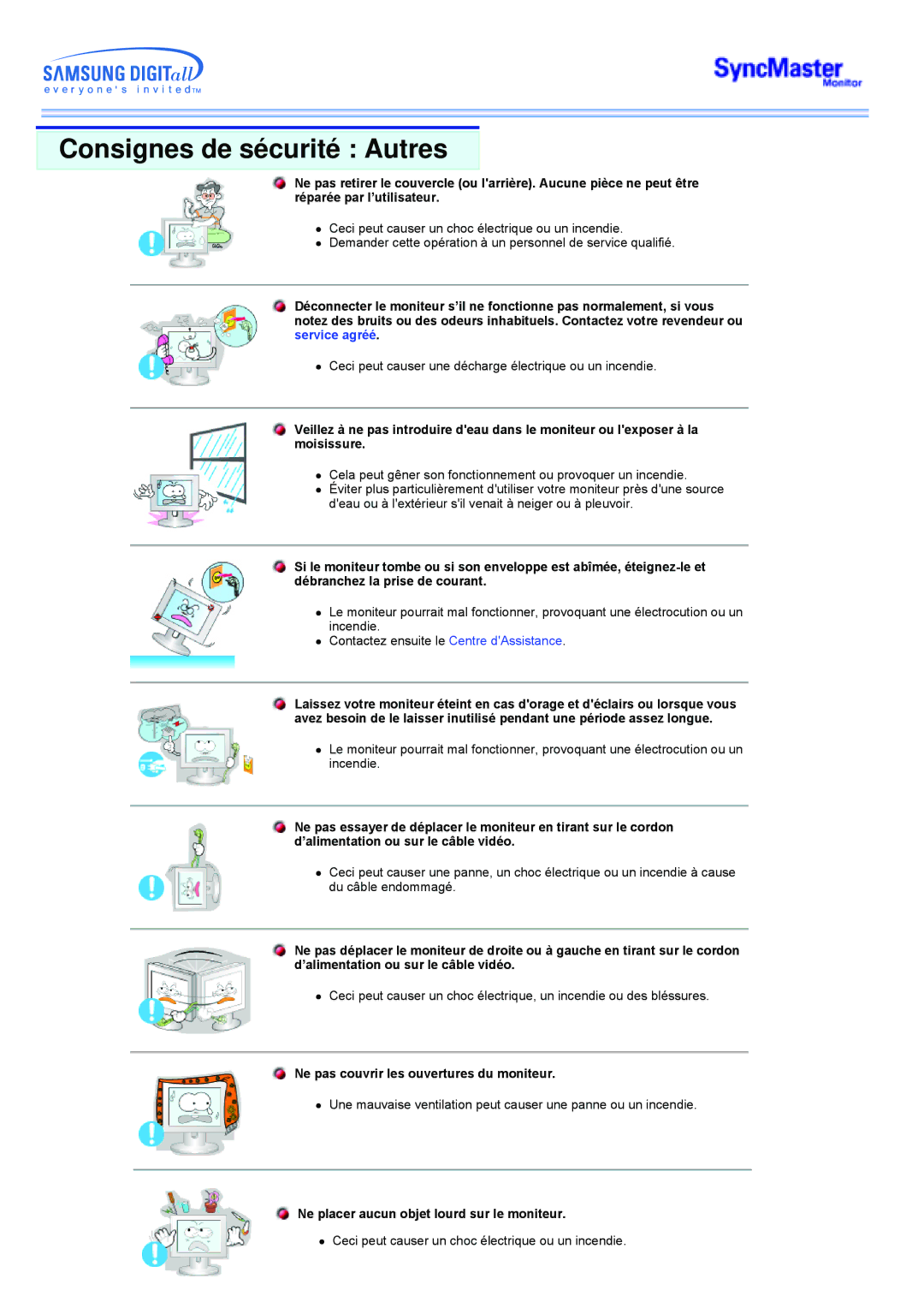 Samsung MP manual Consignes de sécurité Autres, Ne pas couvrir les ouvertures du moniteur 