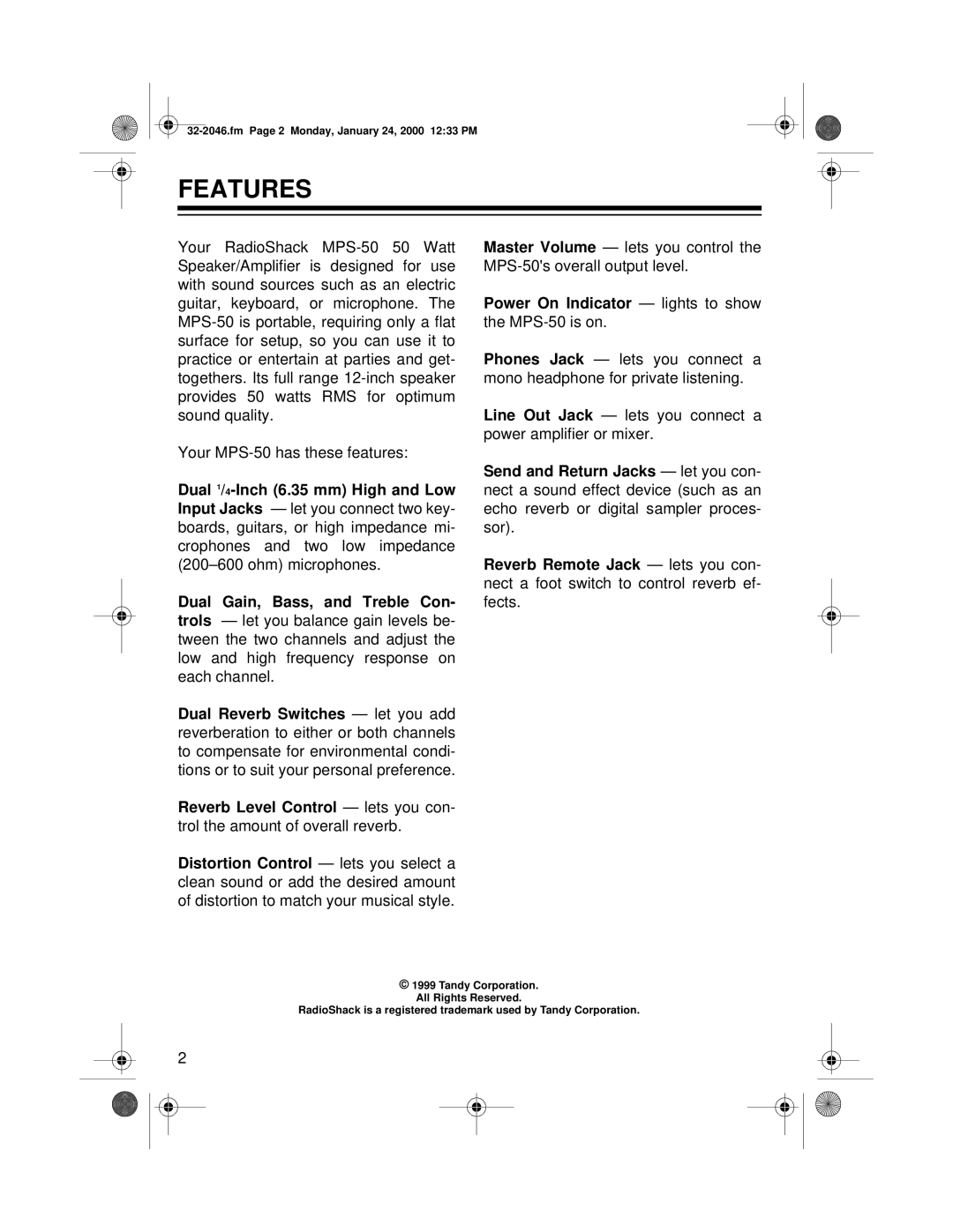 Samsung owner manual Features, Power On Indicator lights to show the MPS-50 is on 