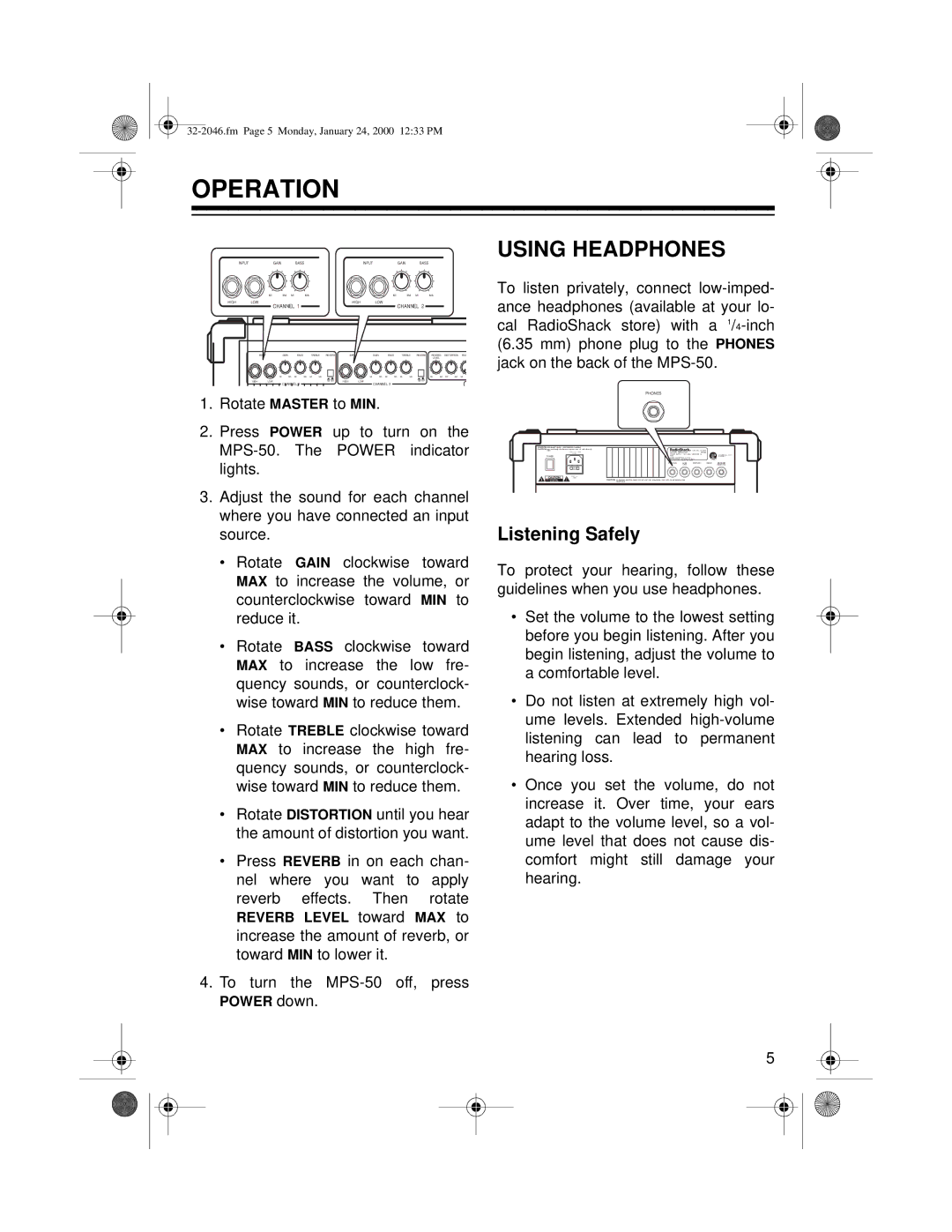 Samsung MPS-50 owner manual Operation, Using Headphones, Power down 