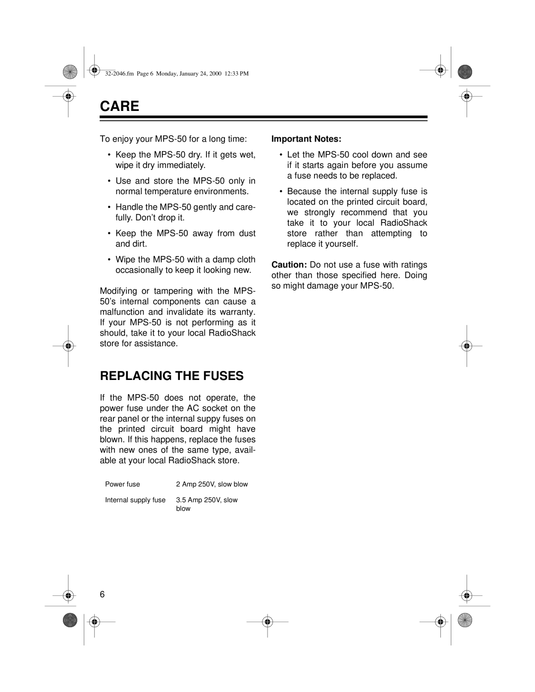 Samsung MPS-50 owner manual Care, Replacing the Fuses, Important Notes 