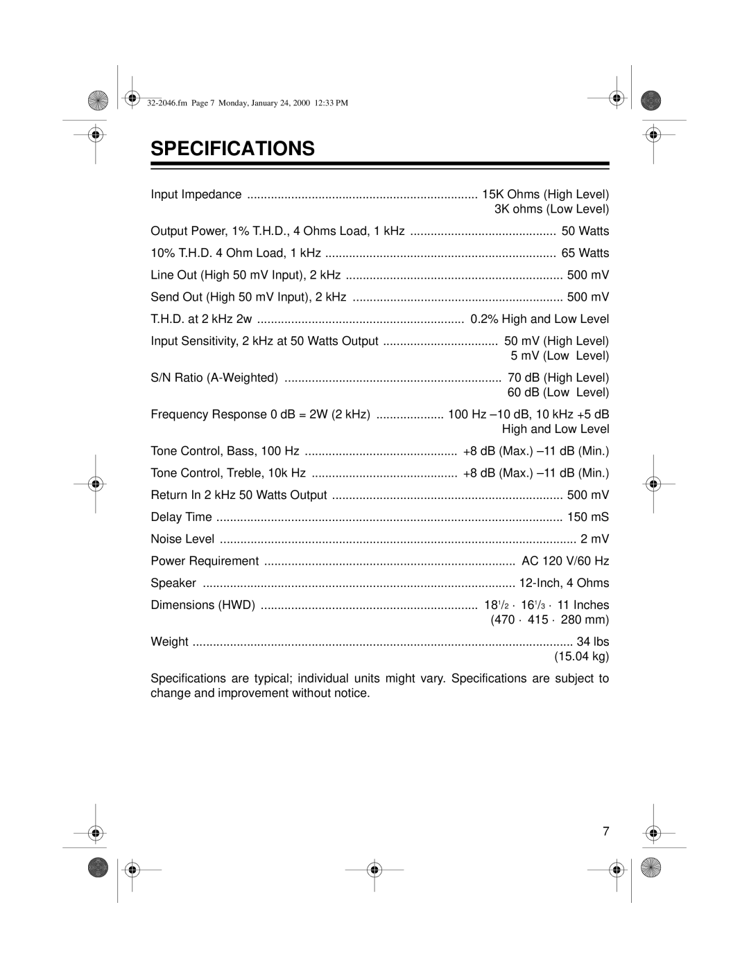 Samsung MPS-50 owner manual Specifications 