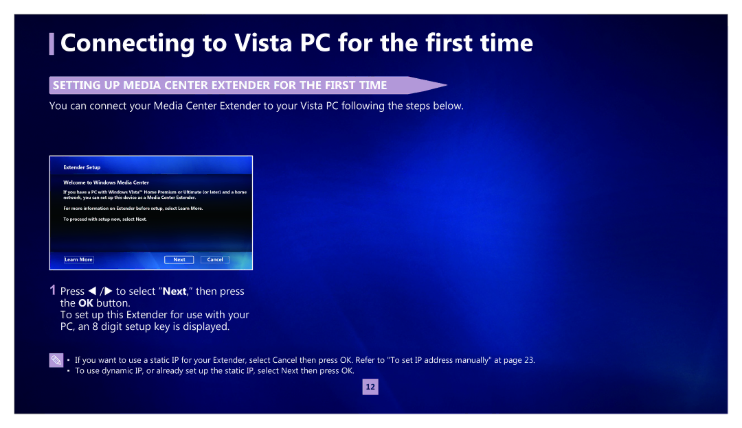 Samsung MR-00EA1 warranty Connecting to Vista PC for the first time, Setting UP Media Center Extender for the First Time 