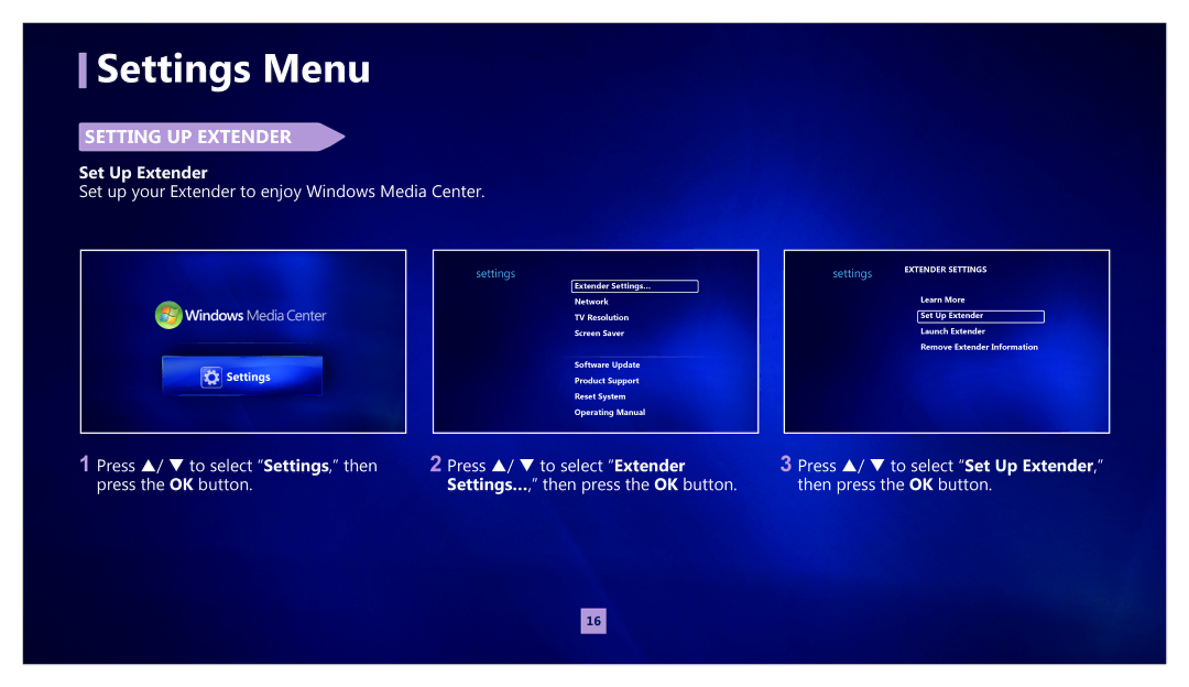 Samsung MR-00EA1 Settings menu, SEtting uP ExtEndEr, Set up Extender, Set up your Extender to enjoy Windows Media Center 