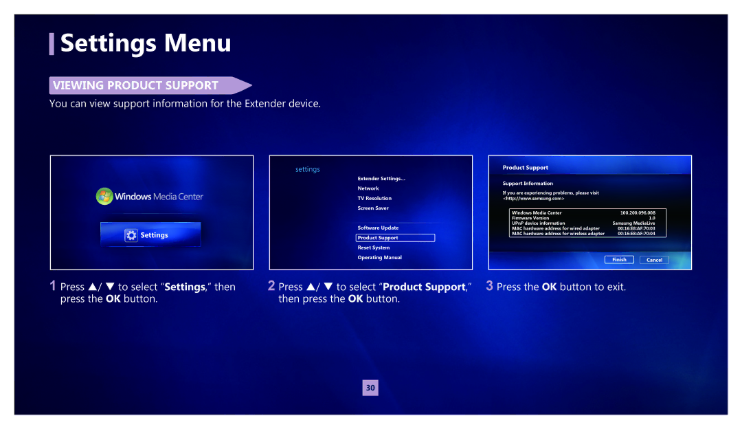 Samsung MR-00EA1 ViEWing ProduCt suPPort, You can view support information for the Extender device, Support information 